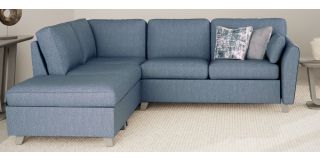 Trel Blue LHF Corner Sofa Breathable Linen Look Fabric With Solid Wooden Legs With A Limed Oak Finish