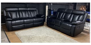 Cairo 3 + 2 Black Leatheraire Manual Recliner Sofa Set With Drinks Holders Showroom Clearance 50972
