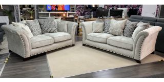 Vesper 3 + 2 Scatter Back Grey Fabric Sofas With Studded Arms And Wooden Legs