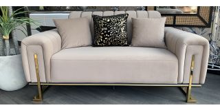 Turin 3 + 2 Beige Plush Velvet Fabric Sofa Set With Gold Metal Base With Drop Down Back Seat