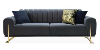 Turin 3 + 2 Black Plush Velvet Fabric Sofa Set With Gold Metal Base With Drop Down Back Seat