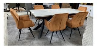 Ceramic 1.8m Extending Dining Table To 2.8m With 6 Burnt Orange Plush Velvet Chairs (w58cm, d60, h90)