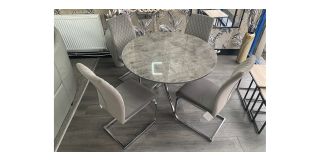 Tokyo Round Stone Effect Dining Table And 4 Velvet Fabric Quilted Grey Chairs (w42cm d55cm h95cm)
