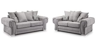 Verona 3 + 2 Seater Grey Round Arm Scatter Back Fabric Sofa Set With Chrome Legs