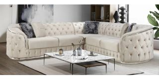 Prada Beige Velvet Tufted 2C2 Corner Sofa With Chrome Seams And Base Detailing
