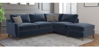 Varley Rhf Navy Corner Sofa Combined With Soft Touch Velvet Fabric And Wooden Legs