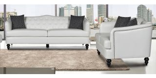 Adam White Bonded Leather 3 + 2 Sofa Set With Studded Arms And Wooden Legs