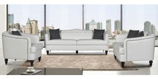Adam White Bonded Leather 3 + 2 + 1 Sofa Set With Studded Arms And Wooden Legs