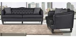Adam Black Bonded Leather 3 + 2 Sofa Set With Studded Arms And Wooden Legs