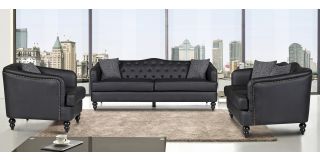 Adam Black Bonded Leather 3 + 2 + 1 Sofa Set With Studded Arms And Wooden Legs