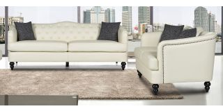 Adam Cream Bonded Leather 3 + 2 Sofa Set With Studded Arms And Wooden Legs