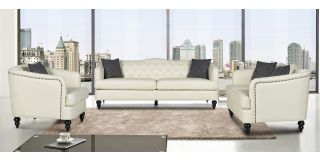 Adam Cream Bonded Leather 3 + 2 + 1 Sofa Set With Studded Arms And Wooden Legs