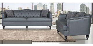 Adam Grey Bonded Leather 3 + 2 Sofa Set With Studded Arms And Wooden Legs
