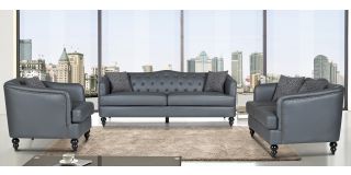 Adam Grey Bonded Leather 3 + 2 + 1 Sofa Set With Studded Arms And Wooden Legs