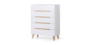 Alicia 5 Drawer Chest - Matt White Lacquer with Oak Effect Detailing - Lacquered MDF