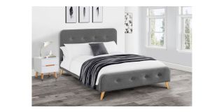 Astrid Curved Retro Fabric Bed - Mid-Grey Linen - Light Oak Effect - Hardwood Frame - Other Sizes Available - 135cm 150cm