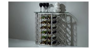 Bacall Console Wine Rack Stainless Steel with Chrome Finish and Clear Glass