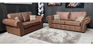 Oakland Fabric Sofa Set 3 + 2 Seater Brown With Studded Arms And Cushions