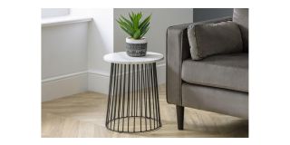 Broadway Round Lamp Table - White Marble - White Marble Effect - Black Metal