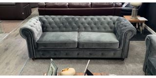 Chesterfield Infinity 3 + 2 Seater Grey Plush Velvet Sofa Set With Wooden Legs