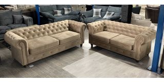 Chesterfield Fabric Sofa Set 3 + 2 Seater Beige