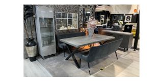 Set - 1.9m Dining Table With 2 X Grey Plush Velvet Benches + Display Caninet + 3 Door Sideboard - Store Cancellation (Few Scuffs And Marks) 50831