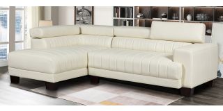 Milano Cream LHF Bonded Leather Corner Sofa With Adjustable Headrests And Wooden Legs