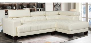 Milano Cream RHF Bonded Leather Corner Sofa With Adjustable Headrests And Wooden Legs