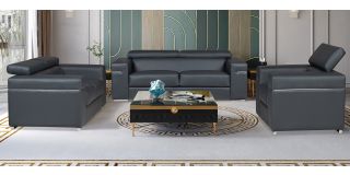 Denny Grey Bonded Leather 3 + 2 + 1 Sofa Set With Chrome Legs And Adjustable Headrests