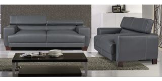 Devon Grey Bonded Leather 3 + 2 Sofa Set With Wooden Legs And Adjustable Headrests