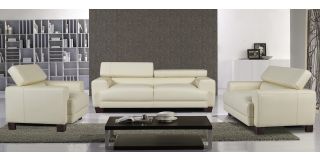 Devon Cream Bonded Leather 3 + 2 + 1 Sofa Set With Wooden Legs And Adjustable Headrests