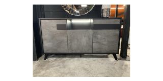 3 Door Buffet Sideboard Mat Black Lacquer With Grey Contrast Marble Front Illuminated Display