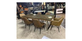 2.2m Railway Sleeper Dining Table With Glass Top And Chrome Legs With 6 Brown Genuine Buffalo Dining Leather Chairs With Black Metal Legs - Chair(w55 d55 h85)