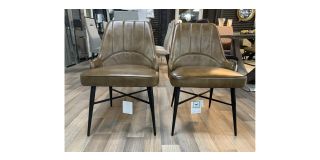 Pair Of Brown Genuine Buffalo Dining Leather Chairs With Black Metal Legs