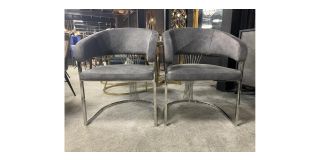 Pair Of Grey And Chrome Grandeur Dining Table Chairs With Plush Velvet Seat