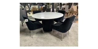 1.4m Diameter Round White And Grey Marble Dining Table With Fluted Wooden Base With 4 Black Plush Velvet Dining Chairs With Chrome Legs And Handle - Chair(w56 d65 h85)