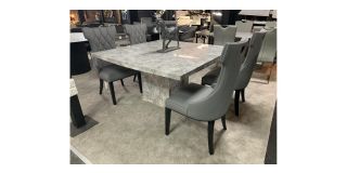 1.4m Square Grey Marble Dining Table With 4 Grey Leather Quilted Dining Chairs With Black Lacquer Legs And Details - Chair(w53 d60 h104)