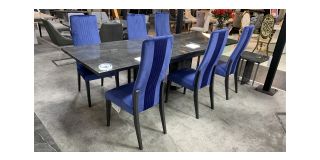 Grey 2.6m Extending Dining Table With 6 Blue Chairs (extending From 1.8m To 2.6m - Chairs w45cm d55cm h110cm)