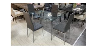 1.2m Glass Dining Table With 4 Grey Chairs (Chairs w40cm d45cm h100cm)