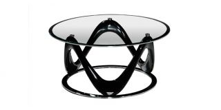 Drift Circular Coffee Table Clear Glass Top with Black High Gloss and Chrome Base