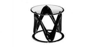 Drift Circular End Table Clear Glass Top with Black High Gloss and Chrome Base