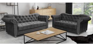 Elegance Dark Grey 3 + 2 Fabric Sofa Set With Round Studded Arms And Wooden Legs