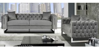 Fenzi Grey Fabric 3 + 2 Sofa Set Plush Velvet With Chrome Legs