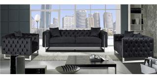Fenzi Black Fabric 3 + 2 + 1 Sofa Set Plush Velvet With Chrome Legs