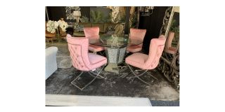 Round Glass And Crushed Crystal Dining Table With 4 Pink Velvet Chairs (w55cm, d60cm, h95cm) Ex-Display Clearance 50881