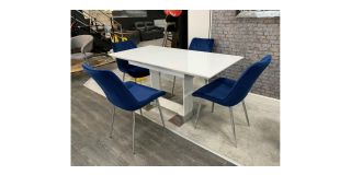 1.2m to 1.6m White High Gloss Extending Dining Table With 4 Blue Plush Velvet Chairs (w55cm d60cm h90cm)