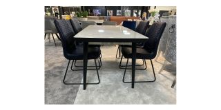 1.26m - 1.56m Marble Effect Extending Dining Table With 4 Navy Quilted Faux Leather Chairs (w50cm, d50cm, h90cm) Ex-Display Clearance 50884
