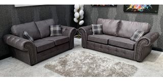 Oakland Fabric Sofa Set 3 + 2 Seater Grey With Studded Arms And Cushions