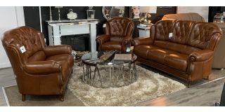 Mini Divani Gulia Semi Aniline Leather Sofa Set 3 + 2 + 1 Seater Tabac Brown With Wood