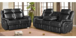 Hampton Leathaire Black 3 + 2 Seater Manual Recliner Sofa Set With Drinks Holders
